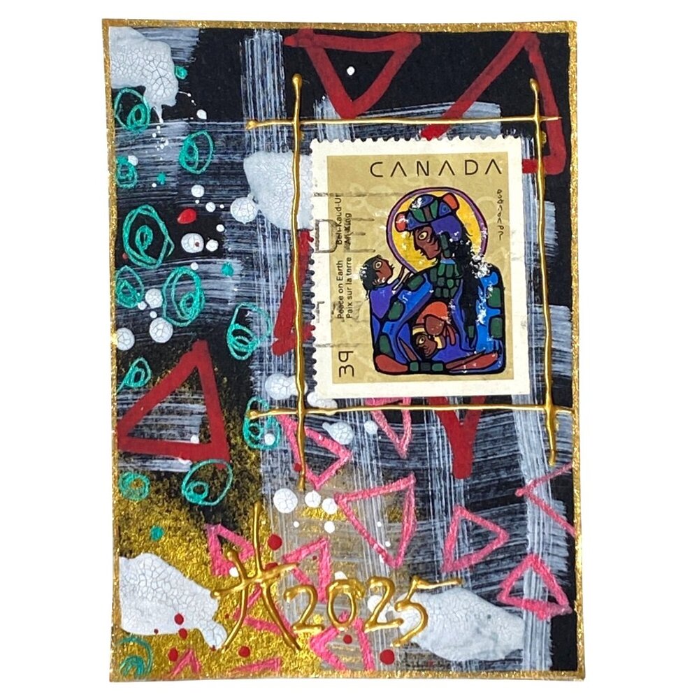 ACEO Original Art Acrylic Collage Mixed Media 3D 1968 Canada Postage Stamp ATC